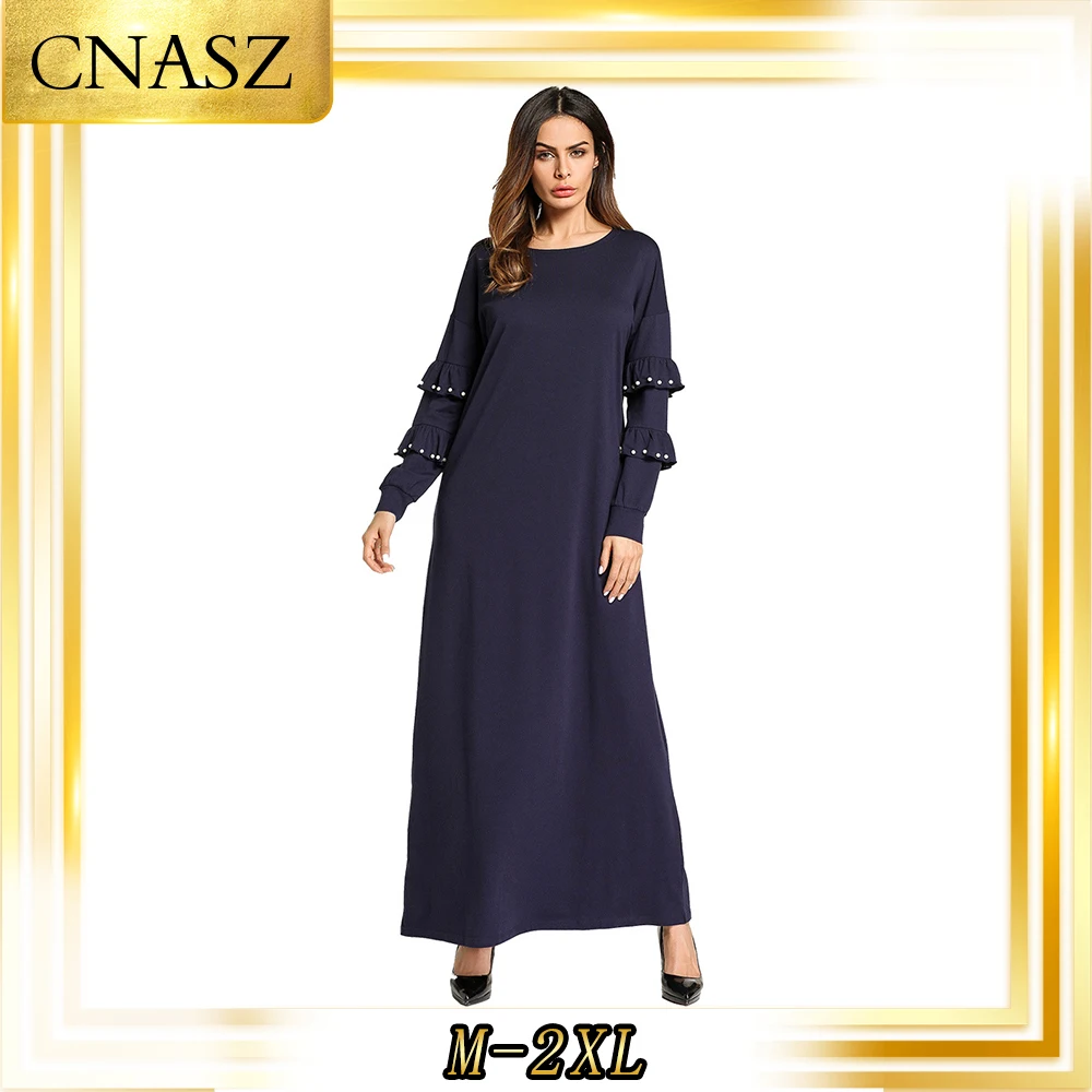 Мусульманское платье Среднего Востока Вязаное осеннее с оборками и бусинами