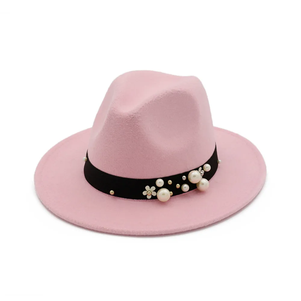 Модная женская шерстяная шляпа Fedora с перламутровым поясом элегантная женская джазовая шляпа чародейная шляпка для церкви размер 56-58 см