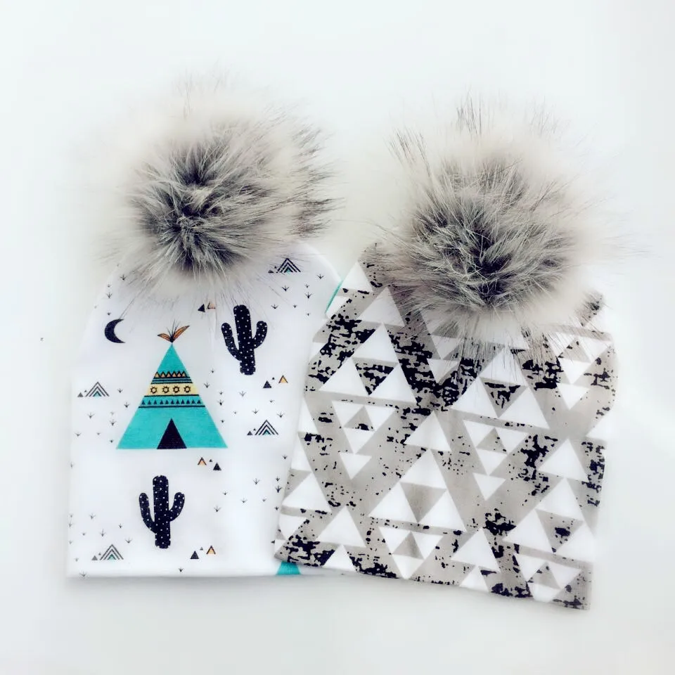 

Children Furry Ball Printed Set of Head Cap Autumn And Winter New Style Infant Outdoor Warm Hat Each Platform Hot Selling