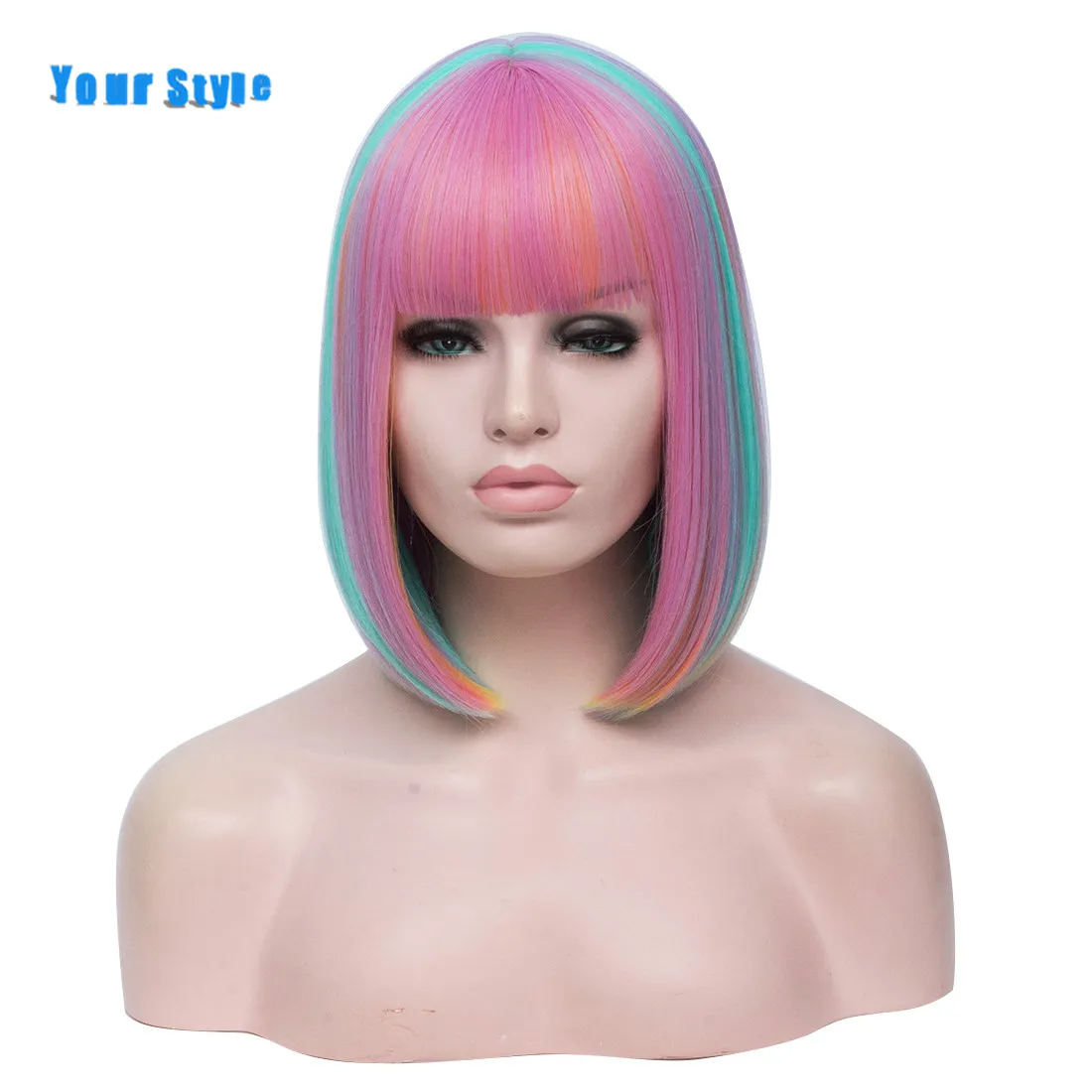 

Your Style 5 Colors Short Straight BOB Cosplay Wigs Women Girls Rainbow Mixed Color Pink Red Green Blue High Temperature Fiber