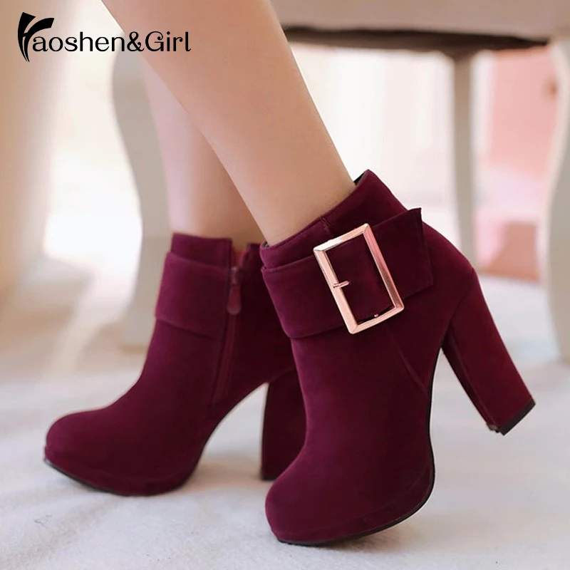 Skup Haoshen   Girl jesienne buty zimowe damskie botki buty na wysokim obcasie klamra buty na platformie obcasy stado skórzane buty rozmiar32 10.5