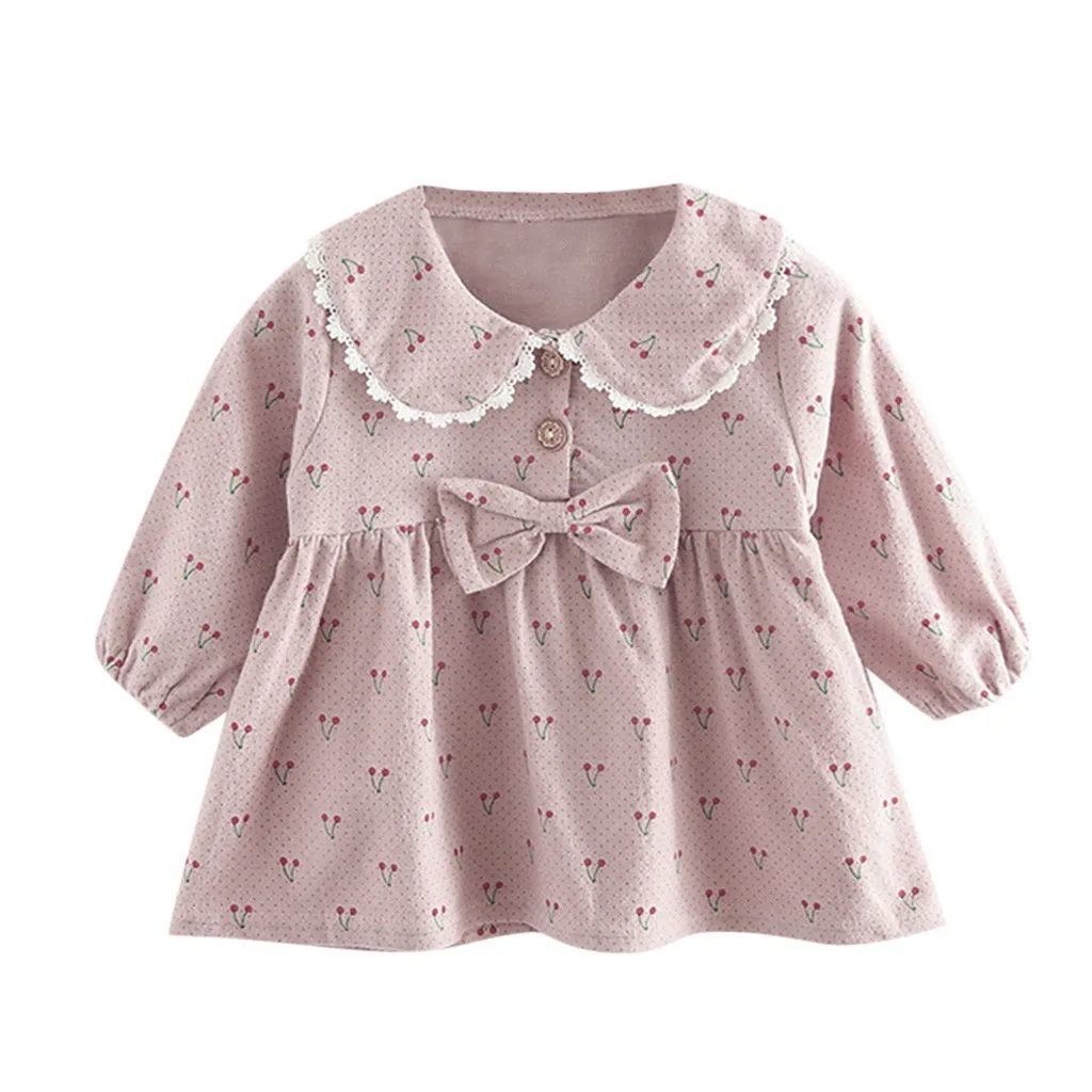 Платье принцессы с длинными рукавами для маленьких девочек; Осенняя праздничная одежда для маленьких девочек с бантом и принтом вишни; платья для новорожденных; vestido infantil - Цвет: Pink