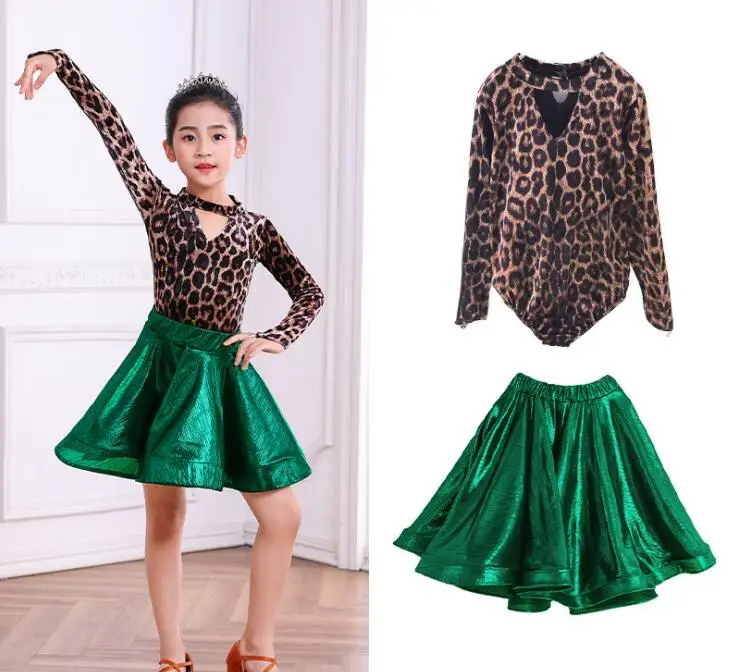 2 pcs set Одежда для латинских танцев для девочек; одежда для ча-румбы-самбы с длинными рукавами; леопардовая бархатная отдельная Глянцевая юбка; детская одежда для тренировок - Цвет: 2 pcs set