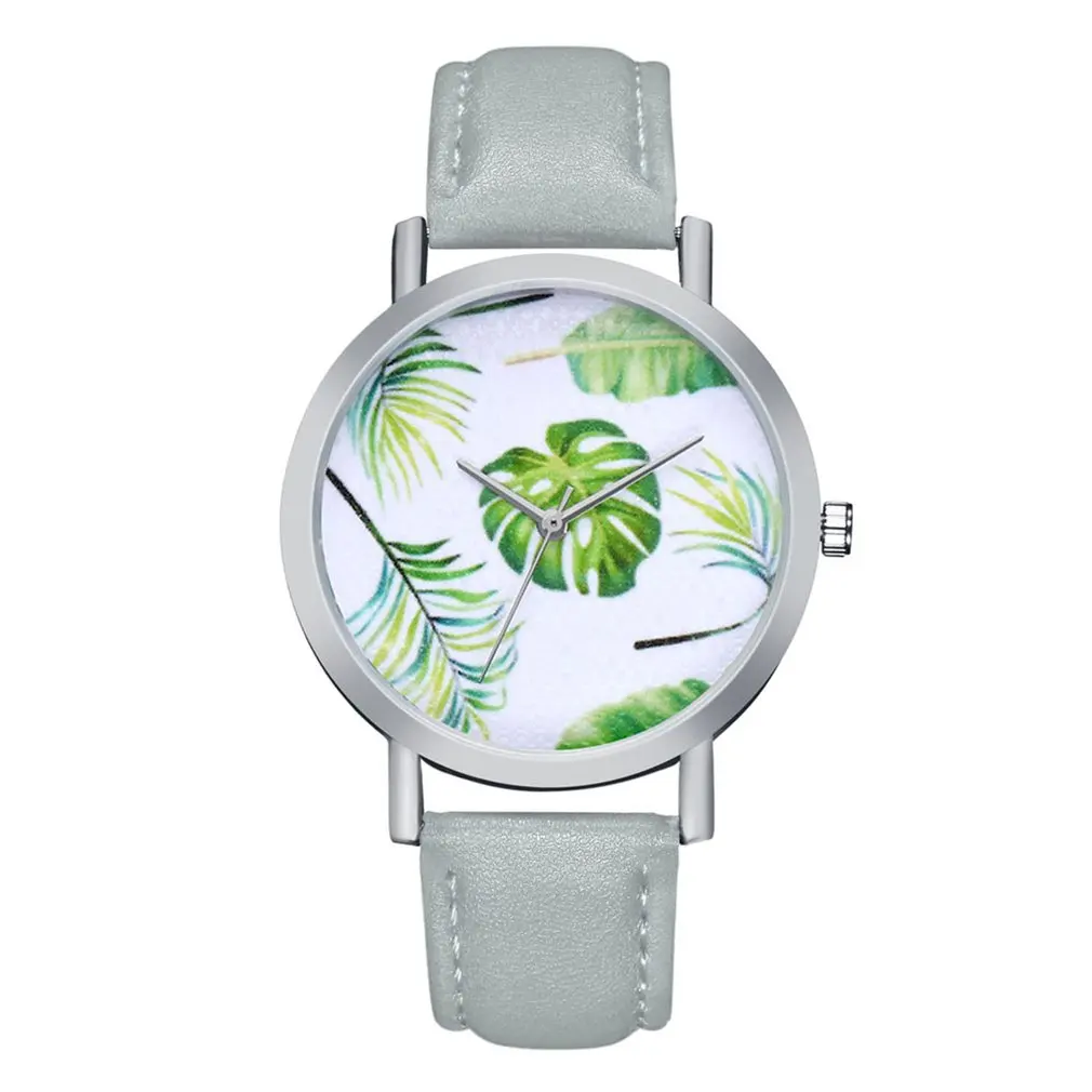 

Ladies Watches Quartz Wristwatches Silver color Shell Tropical Leaf Quartz Watch PU Leather Strap Watches