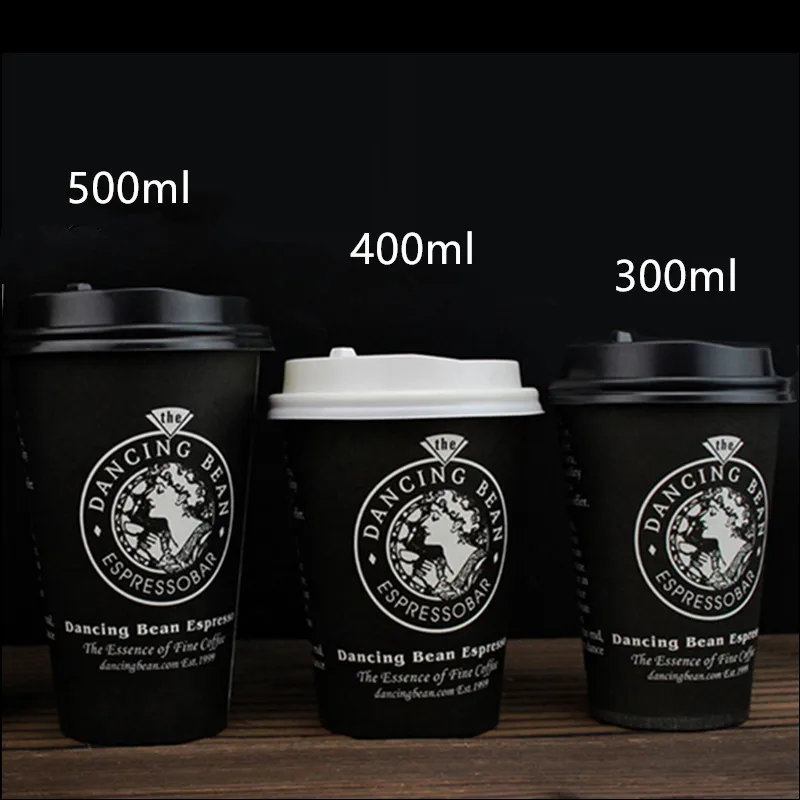 

50pcs 300ml 400ml 500ml disposable paper cup black creative pearl milk tea coffee juice takeaway packaging cup with lid