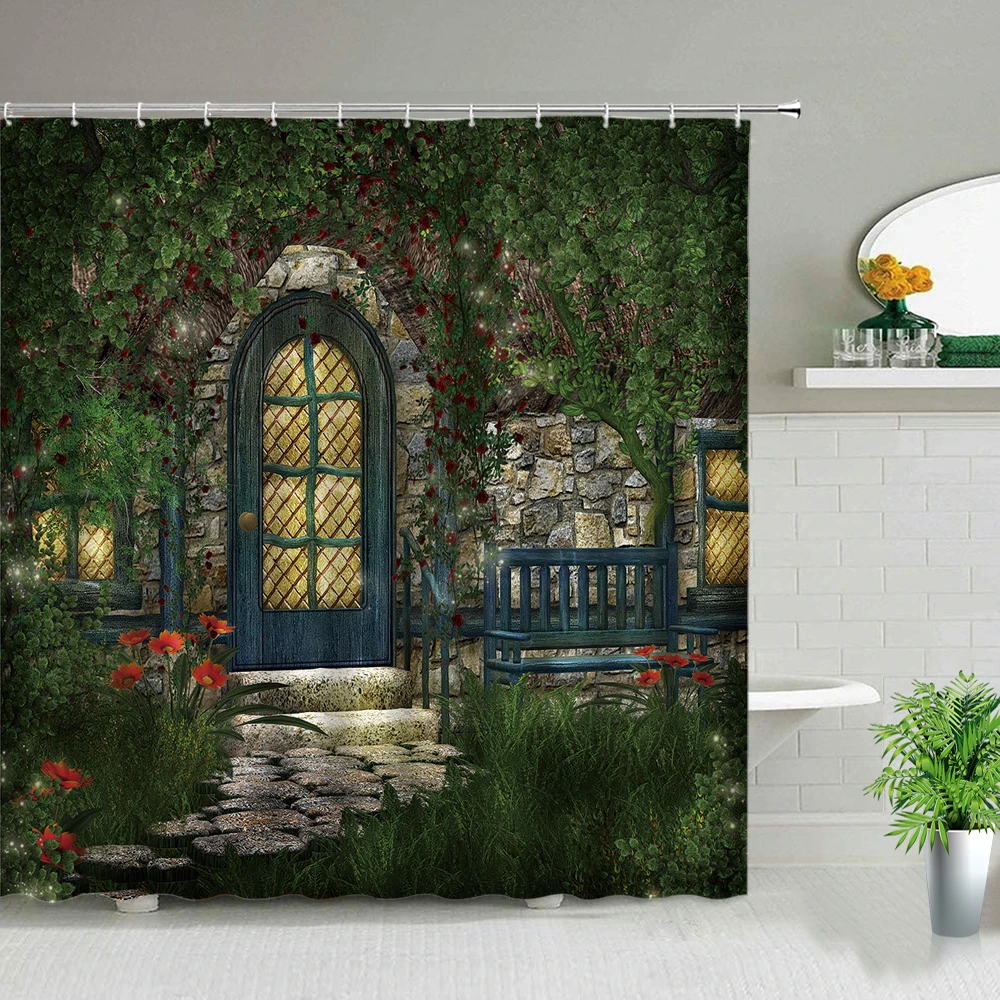 

Занавеска для душа с изображением цветов и растений, водонепроницаемая шторка для ванной комнаты в маленьком деревенском ретро стиле, с принтом волшебного леса, с крючками
