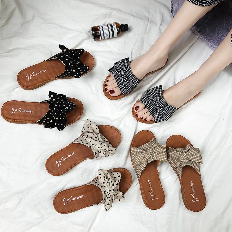 

2019 New Style Bow Line-styled Flat Sandals Women's Summer Outer Wear Versitile Fashion Soft-Sole INS Cute Slippers