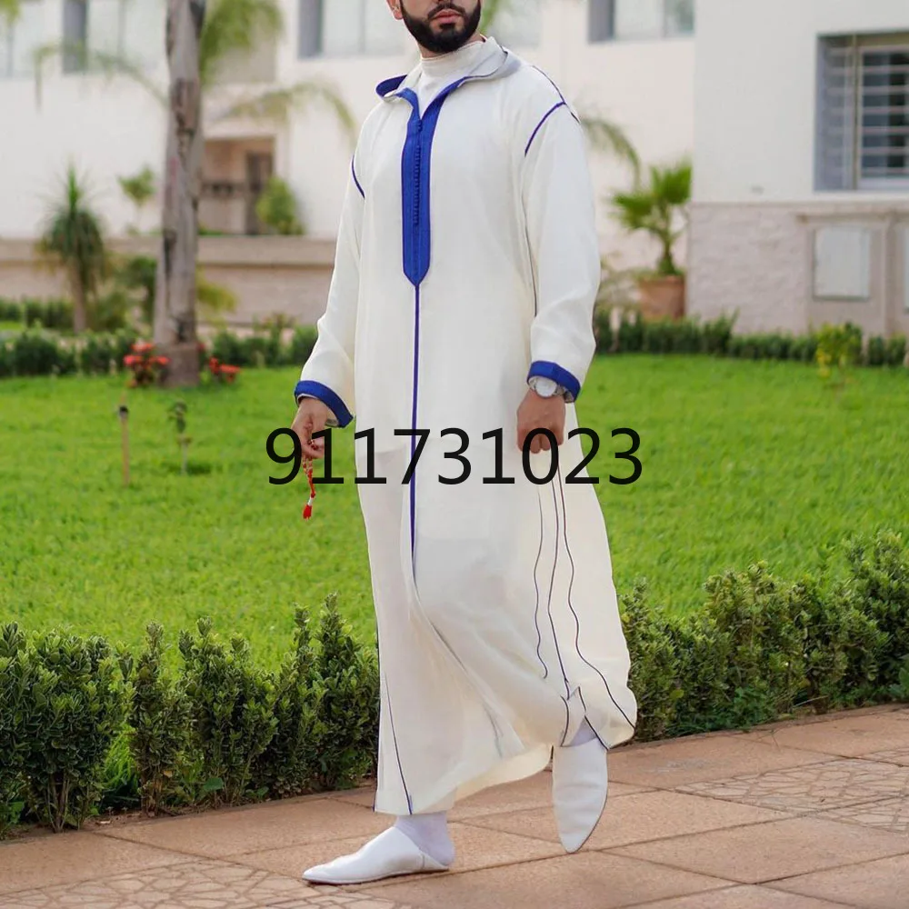 Men Muslim Jubba Thobe Patchwork Striped V Neck Long Sleeve Caftan Dubai Robe Vintage Islamic Arabic Kaftan M-5XL | Тематическая