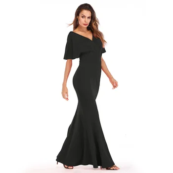 

BGW Vintage Satin Solid Color V Neck Short Sleeve Floor Length Formal Evening Dress Sexy Mermaid Party Dress Vestido Noche Mujer