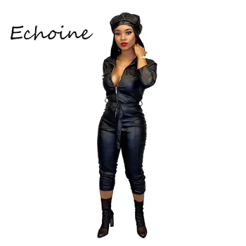 

Sexy Leather Jumpsuit Long Sleeve Turn Down Collar Bodysuit Women With Belt Rompers Womens Jumpsuit Overalls Soild 3 Color