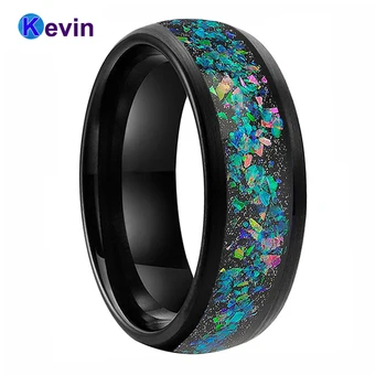 

Men Women Black Opal Ring Tungsten Wedding Band With Galaxy Series Opal Inlay Domed Brush Finish Width 8MM Comfort Fit