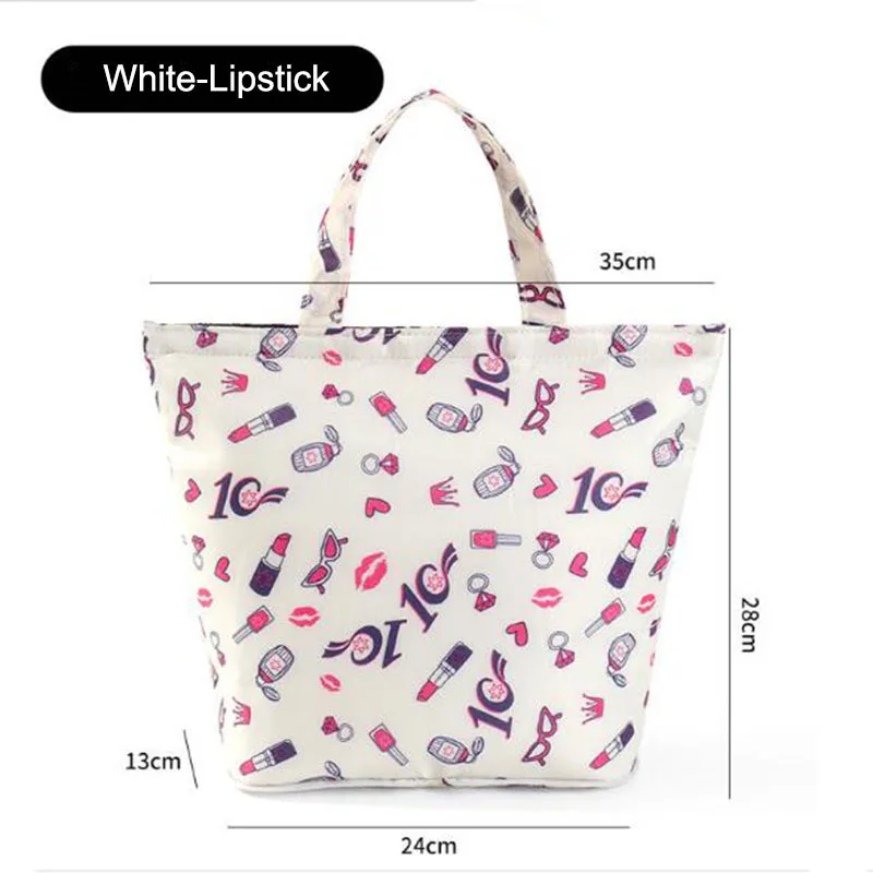 Модная печать Twill Оксфорд Пикник Ланч Tote плечо складная алюминиевая пленка теплоизолированная сумка-холодильник - Цвет: White-Lipstick