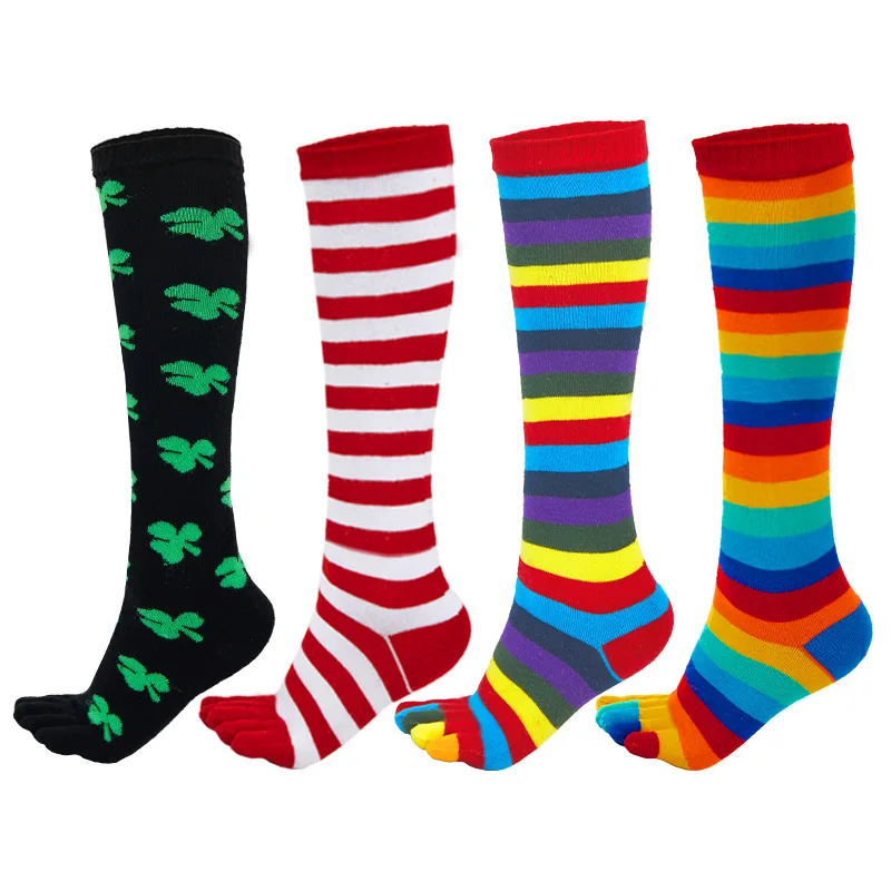 Long Rainbow Socks with Toes Women Girl Combed Cotton Young Fashion Colorful Stripes Black Maple Leaf 5 Fingers Calf Socks Happy