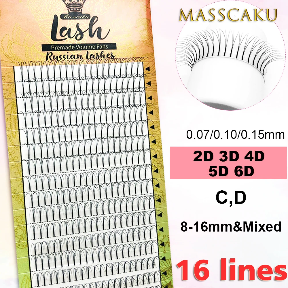 MASSCAKU 16 خطوط مسبقة الصنع الروسية حجم المشجعين 2d/ثلاثية الأبعاد/4d/5d/6d الرموش طويلة الجذعية لاش قبل صنع ملحقات رمش|الرموش الصناعية|   - AliExpress