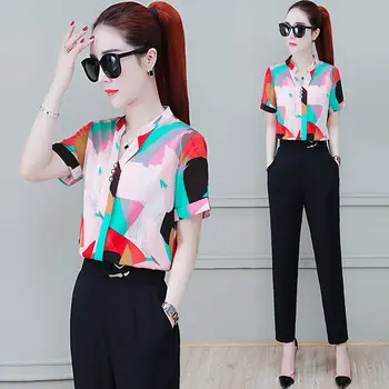 

Chiffon shirt women short-sleeved 2020 summer new Korean print small shirt V-neck shirt women slim slimming top