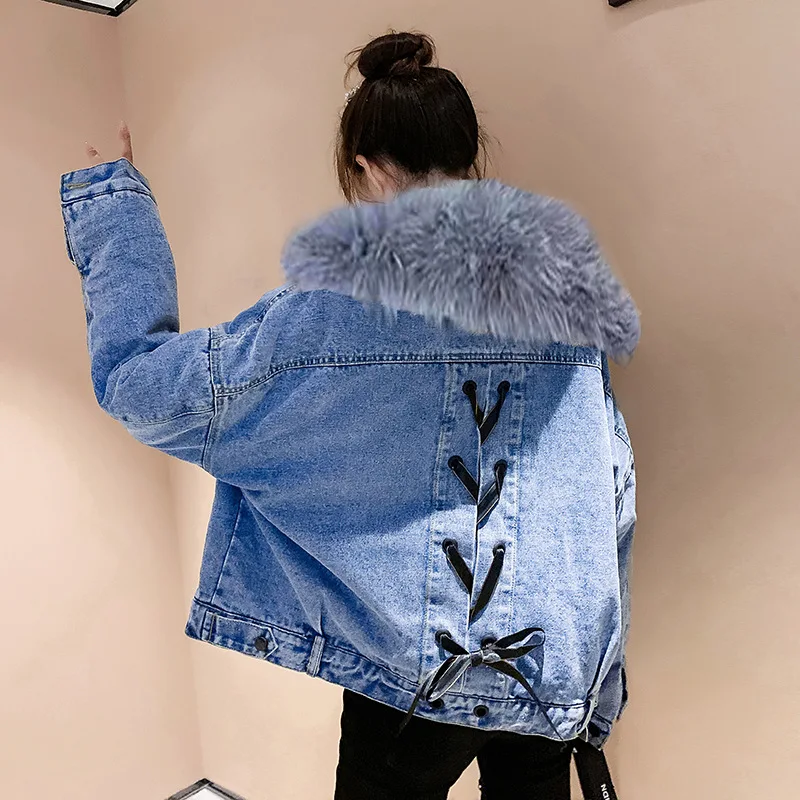 

2019 New Style Autumn And Winter Hong Kong Style CHIC Fur Collar plus Velvet Jeans Coat Women's Loose-Fit Thick Short Jacket Cot