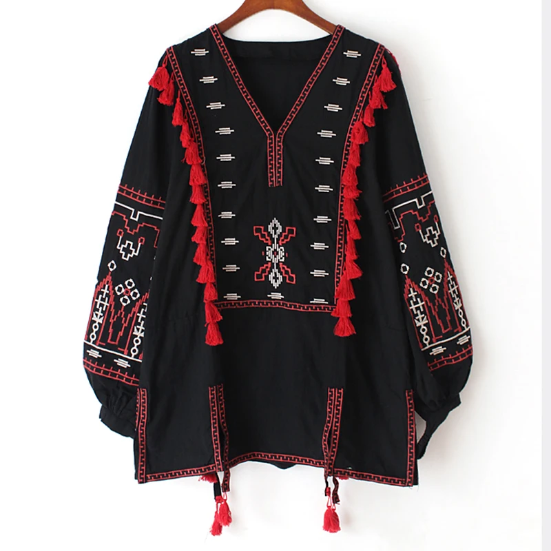 GypsyLady/Хлопковые блузки с цветочной вышивкой, рубашка, осенняя винтажная туника с длинными рукавами в стиле бохо, хиппи, этнический Топ