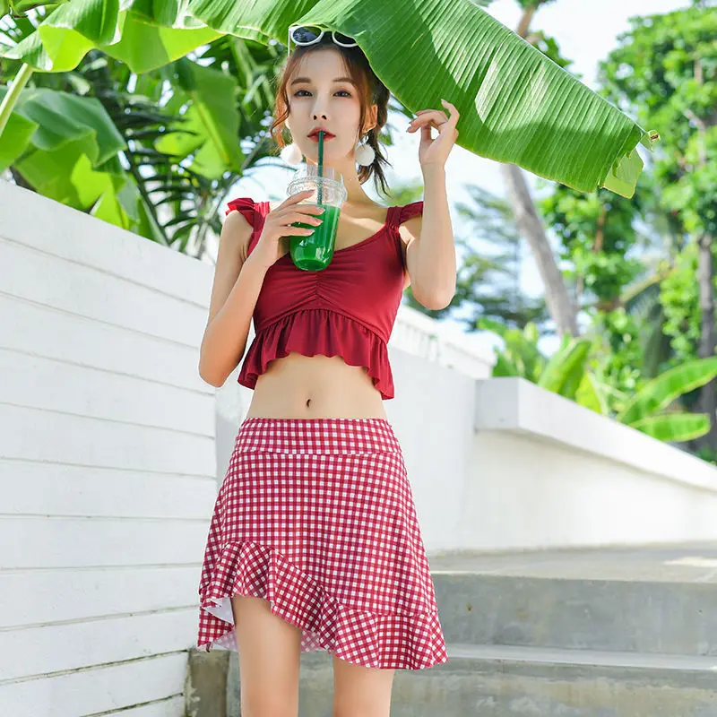 

May Plus Size Female Beach Woman Clothes Bikini Swimwear Korea Bathing Suit Pure Swimsuit Plaid Polyester Fmzxg Two-Piece