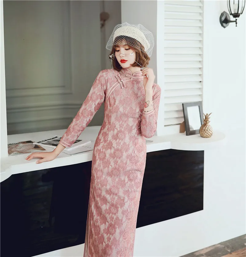 Sheng Коко белое кружевное платье Cheongsam платья тостов Костюмы ежегодная встреча платья с длинными рукавами платье Ципао в китайском Свадебная кружевная ткань