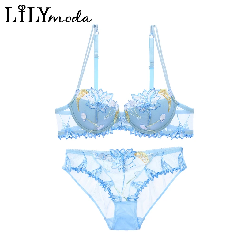 LILIMODA женский сексуальный удобный тонкий хлопковый бюстгальтер, наборы бюстгальтеров с цветочной кружевной вышивкой на косточках, нижнее белье синего цвета