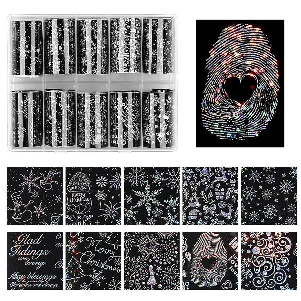10 rolls/box Christmas nail foil transfer sticker decals snow sliders for nails art designs manicure snowflake decorations 3