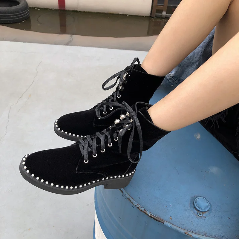 

Flat Heel Lace Up Boots Shoes Round Toe Luxury Designer Booties Ladies Low Heels booties Martins For Women Lolita Ankle Rubber