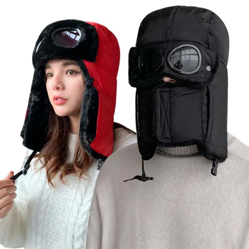 Doitbest glasses Winter fur men's bomber hats Windproof Thick warm protect neck women cap Face Mask russian Earflap ushanka hat