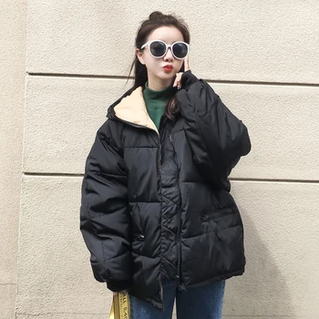 

2019 Autumn Winter Harajuku Jacket Women Hooded Thicken Coats Solid Black White Elegant Temperament Charming And Generous Afford