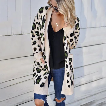 

Woman Coat Sweater Autumn Winter Long Sleeve European Style Long Sweater Leopard Cardigan