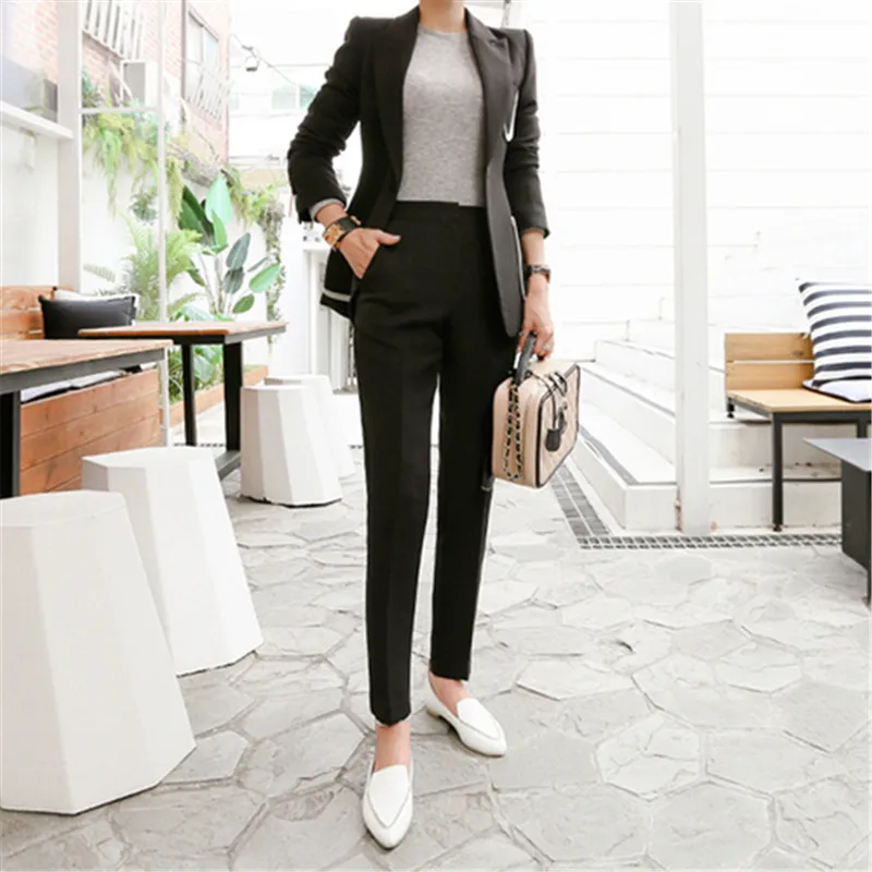 Korean Style Blazer 2 Pieces Set 2019 Autumn Fashion Pure Color Single Button Notched OL Bussines Office Lady Blazer Pants Suit