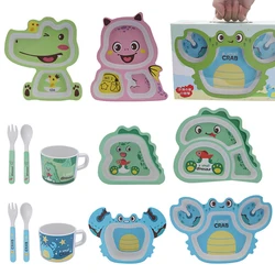 5 pçs crianças conjunto de utensílios de mesa de fibra de bambu natural bpa livre crianças placas de alimentação dos desenhos animados animais da criança formação pratos colher garfo