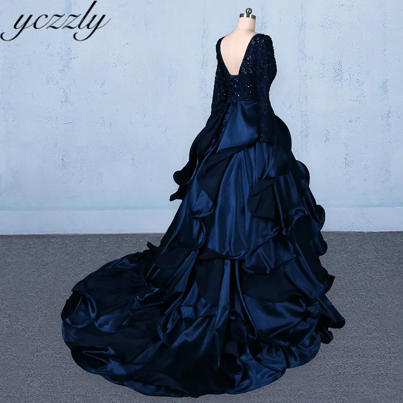 Vestido Longo Festa, элегантная, v-образный вырез, кружево с аппликацией и бисером нарядное бальное платье Темно-синие женская блуза с послойным расположением ткани, оборочками и v-образным вырезом длинное вечернее платье YE55