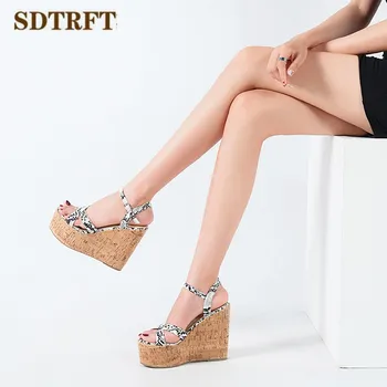 

SDTRFT Espadrilles Serpentine shoes woman 13cm wedges Stiletto wood grain Platforms Pumps Female Sandals High Heels Sandalias