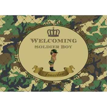 

Welcome Soldier Boy Baby Shower Backdrop Vinyl 7x5ft Green Camouflage Little Prince Baby Boy 1st Birthday Background Customized