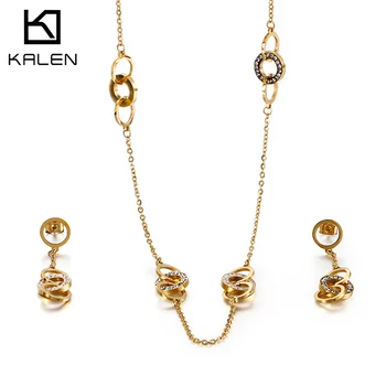 

Kalen Unique Design 3 Rounds Interlock Chain Necklaces Drop Earrings Sets For Women Zircon Stainless Steel Femme Jewelry Sets