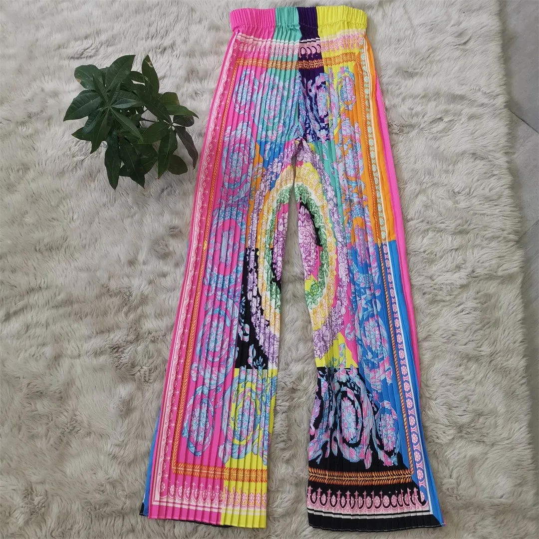 

Streetwear Fall 2019 Print Vintage Pants Loose Women Hight Waist Wide Leg Pants Pleated Plus Size Pants