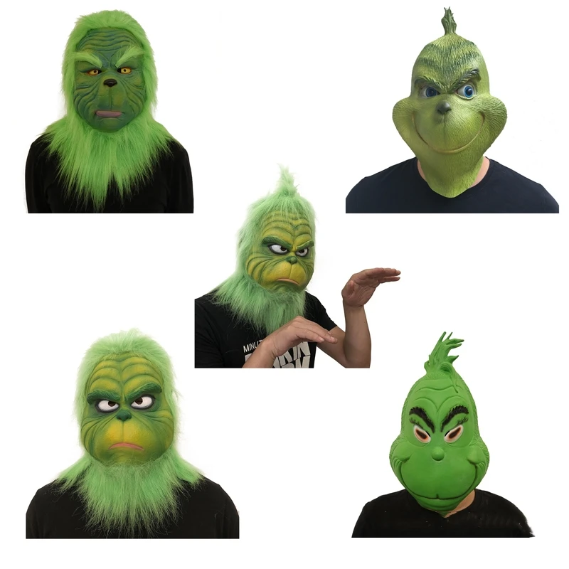 

HaleyChan Halloween Carnival Green Hairy Monster Grinch Mask Headgear Christmas Mask Cosplay Grinch Mask for Festival Party