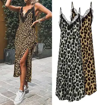 

Celmia Women Sexy Leopard Dress 2020 Summer Spaghetti Strap Pleated Split Midi Dress Plus Size Sleeveless Lace Party Vestido 5XL