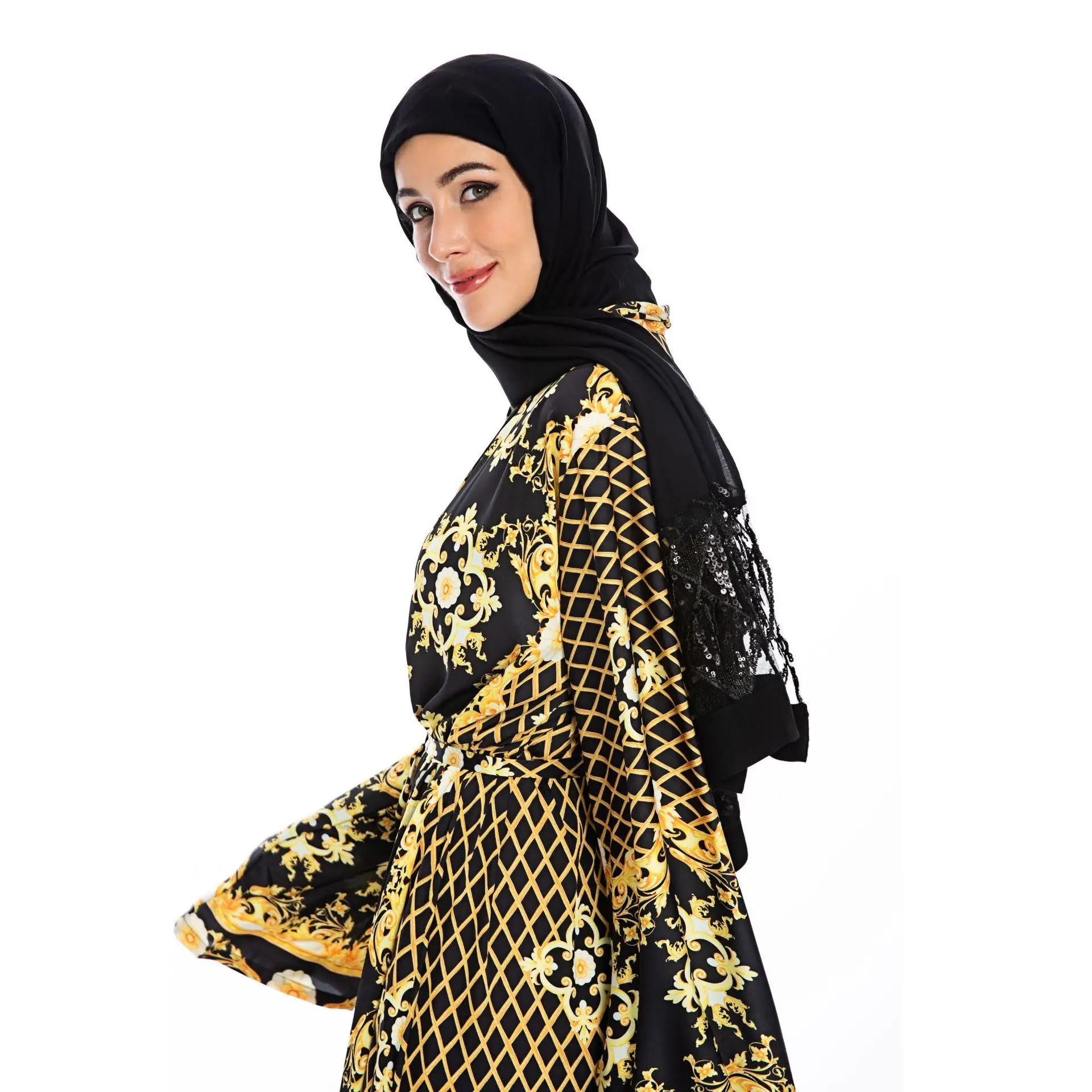 Дубай печати открытый Абая, для мусульман женщин кимоно Jilbab исламское Макси платье кардиган Винтаж этнические длинный рукав халат поклонение службы
