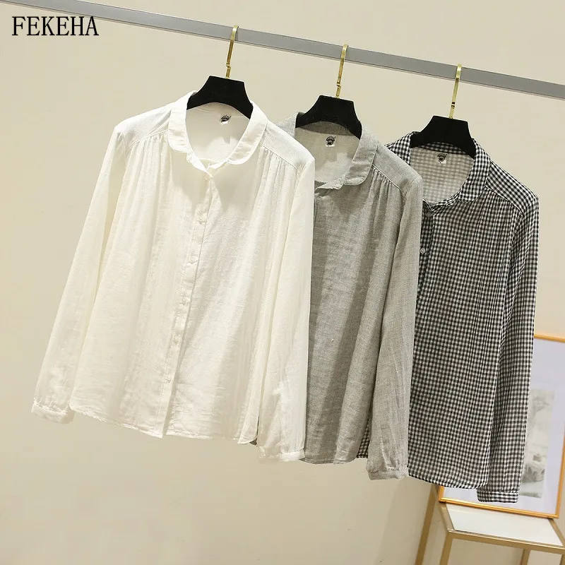 

Plaid Shirts Women Blouses Cotton Yarn Long Sleeve Checked Female Clothes White Grey Spring News