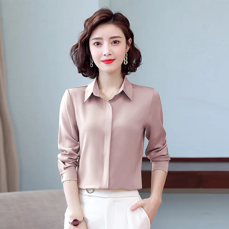 TingYiLi Elegant Office Wear Satin Silk Blouse Spring Autumn Long Sleeve Women's Tops Pink Yellow Blue Green Black White Shirt 4