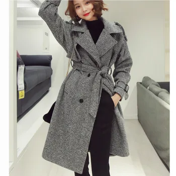

Winter Trench Coat Woolen Houndstooth Long Coats Women Slim Office Lady High Waist Windbreaker Outerwear with Sashes TAD199
