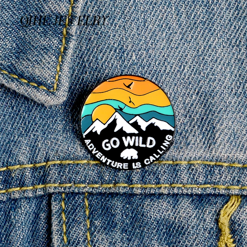 

QIHE JEWELRY Round Pins GO WILD Enamel Pins Bear Sun Bird Mountain Brooches Badges Denim Clothes Bag Lapel Pins Gift for Friends