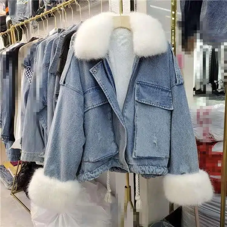 Женская зимняя Толстая джинсовая куртка, теплая, с отложным воротником, с меховым воротником, свободное джинсовое пальто, Повседневная джинсовая короткая верхняя одежда