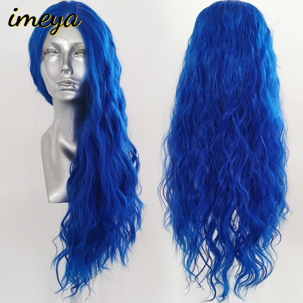 Imeya термостойкие волокна синтетический парик на кружеве синие длинные волнистые парики Высокая температура для женщин