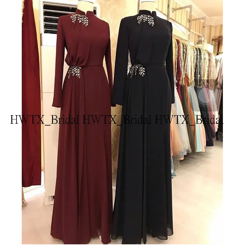 HWTX_Bridal вечернее платье с длинными рукавами бордовое Черное Шифоновое арабское мусульманское формальное платье с кристаллами Длинное выпускное платье с высоким воротом