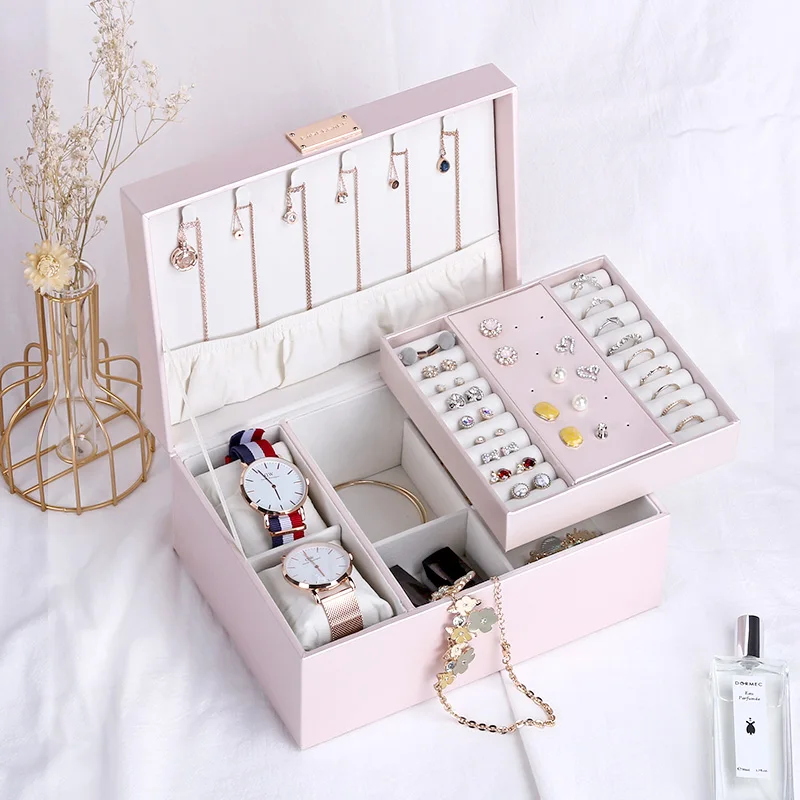 Goedkoop Casegrace 2019 Fashion Design Grote Lederen Sieraden Doos Sieraden Display Case 2 Lagen Make Organizer Ring Ketting Opbergdoos