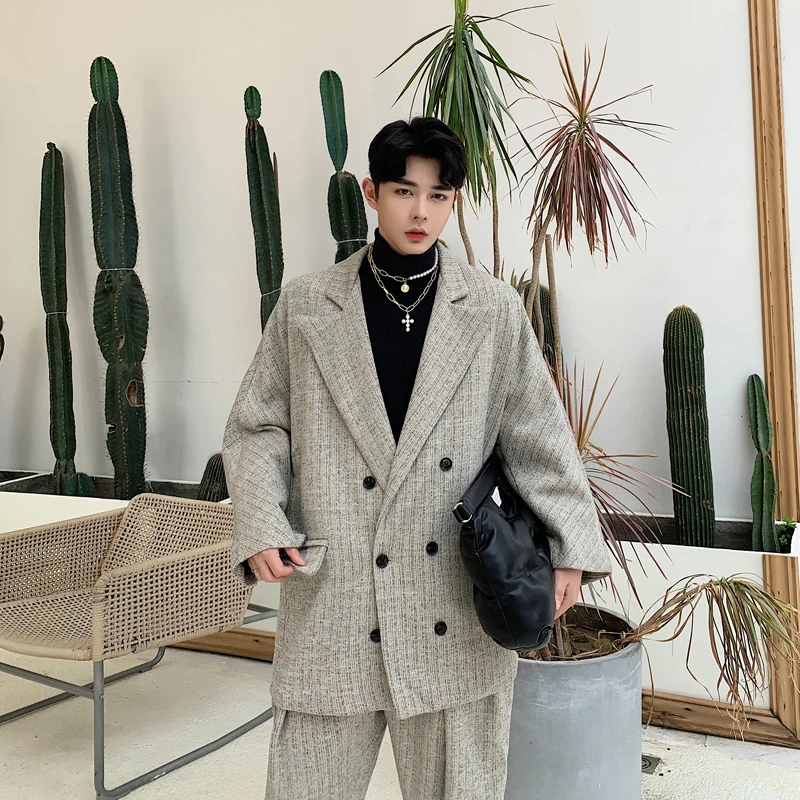 Men Oversize Loose Stripe Thick 2PCS Suits Sets(jacket+pant) Male Vintage Streetwear Hip Hop Suit Coat Trouser Blazer Outerwear