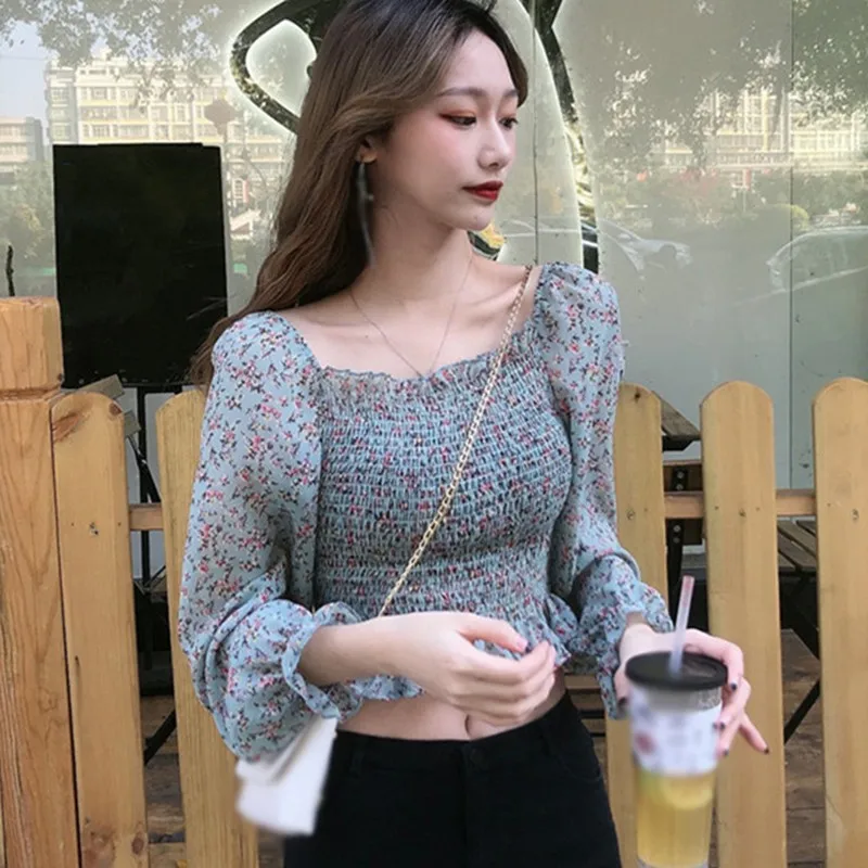 

Floral Print Short Chiffon Shirt Women Blouse Square Collar Outfit Casual Floral Print Tops Pleated Slim Fit