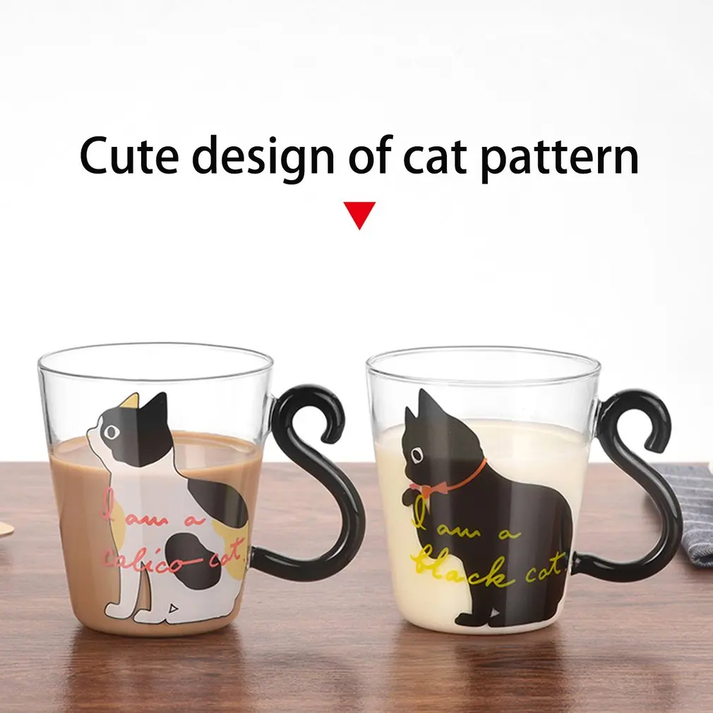 Cute Kitty Glass Water Cup Cat Tail Handle Mug Milk Tea Coffee Fruit Juice Mug Drinkware Home Office Cup Lovers Gifts